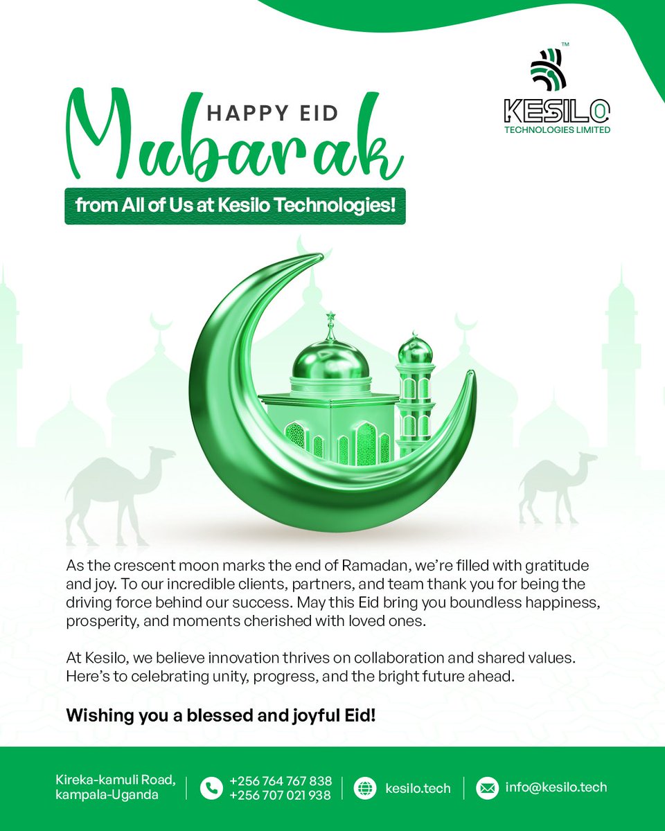 Kesilo_tech's tweet photo. As the holy month of Ramadan comes to a close, we extend our warmest wishes to you and your loved ones. May this Eid bring joy, peace, and prosperity to all. 
 #EidMubarak #kesilotechnologies #Eid2025 #JoyAndProsperity https://t.co/5XmQ72vU7J