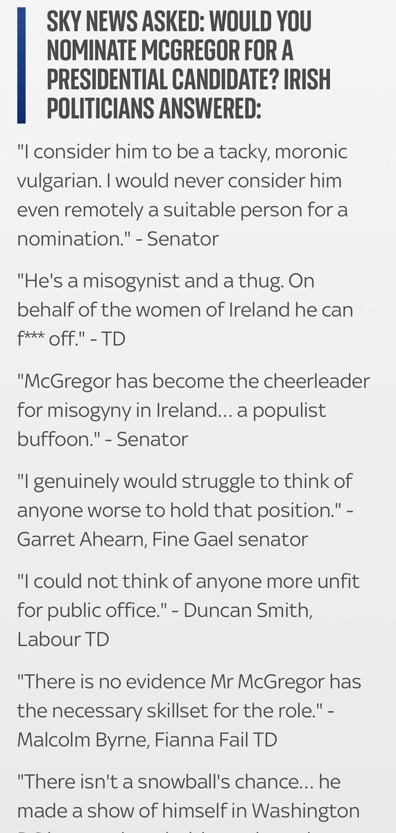 Stephen Murphy (@smurphytv) on Twitter photo “Conor McGregor can f*** off” - I asked all 234 Oireachtas members if they would give <a href="/TheNotoriousMMA/">Conor McGregor</a> a nomination to run for president 🇮🇪
134 replied; 134 said no.
Some of the comments were brutal. “Conor McGregor can f*** off” - I asked all 234 Oireachtas members if they would give <a href="/TheNotoriousMMA/">Conor McGregor</a> a nomination to run for president 🇮🇪
134 replied; 134 said no.
Some of the comments were brutal.