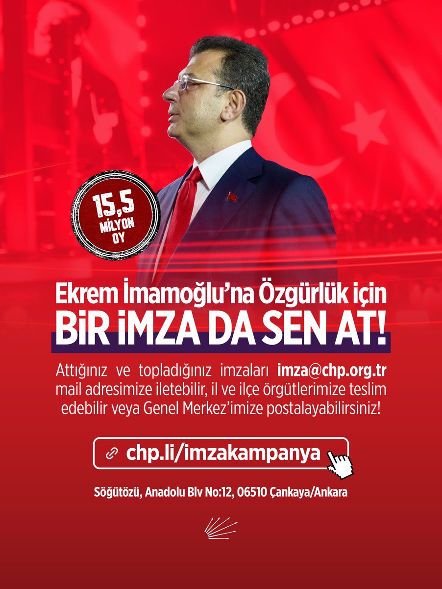 Adayımızı yanımızda, sandığı önümüzde istiyoruz!

Cumhurbaşkanı adayımız Ekrem İmamoğlu için, özgürlüğü ve erken seçimi talep eden imza kampanyamızı başlattık!

Bağlantıdaki metni indir, çıktısını al, imzanı topla, mücadeleyi büyüt!

Attığınız ve topladığınız imzaları