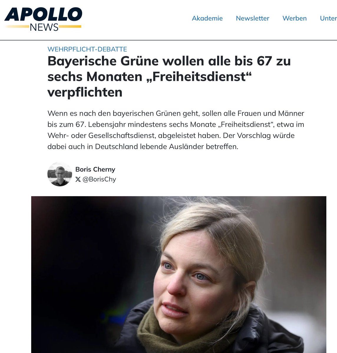 “Freiheitsdienst”. 

Katharina Schulze, die vor kurzem noch jede Corona-Freiheitseinschränkung, jede Entrechtung für Ungeimpfte oder eine Impfpflicht befürwortet hatte, will euch, sofern ihr unter 67 seid,  jetzt zum Dienst an dieser “Freiheit” zwingen.

apollo-news.net/bayerische-grn…