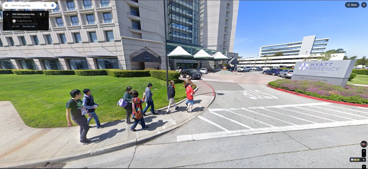 Yaop117's tweet image. Fun fact: If you go onto google maps and set the date back to 2019 you can see a group of Bronies outside of the Hyatt Regency Burlingame - attending #babscon .