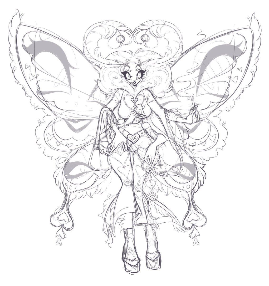 Staticmoth should never be parents but I came up with a peak fankid design and had to draw it 🤩 she’s a pop star/influencer and her wings are screens! She mostly uses them like monitors at a concert bc she is INCREDIBLY vain 

#StaticMoth #VoxVal