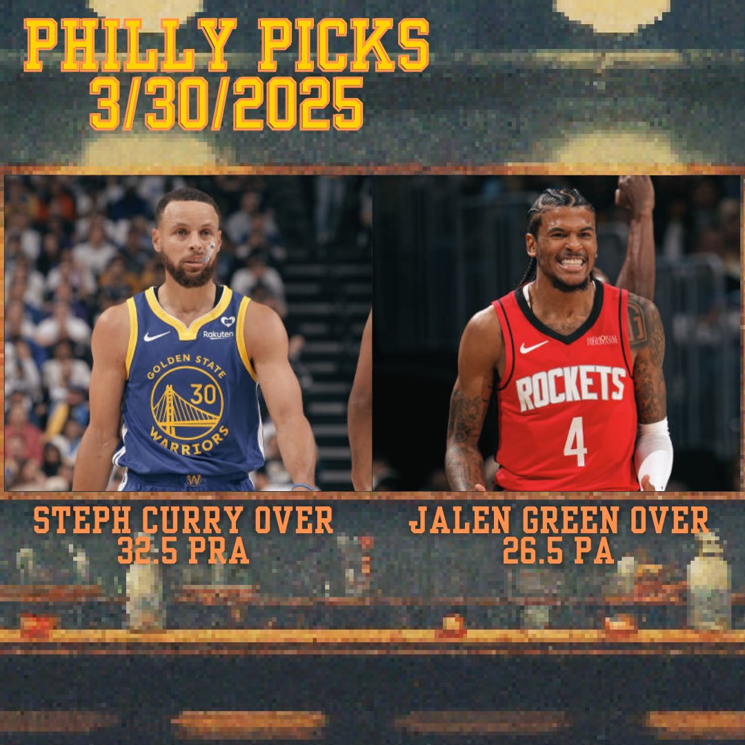 PHILLY PICKS🧀 FOR 3/30/2025

PLEASE SWEEP 🙏

STEPH CURRY OVER 32.5 PRA
JALEN GREEN OVER 26.5 PA

LIKE IF YOU’RE TAILING 💛  

FOLLOW FOR FREE PROPS‼️  
#PrizePicks #GamblingX #SleeperPicks #Chalkboard #UnderdogFantasy #NBA