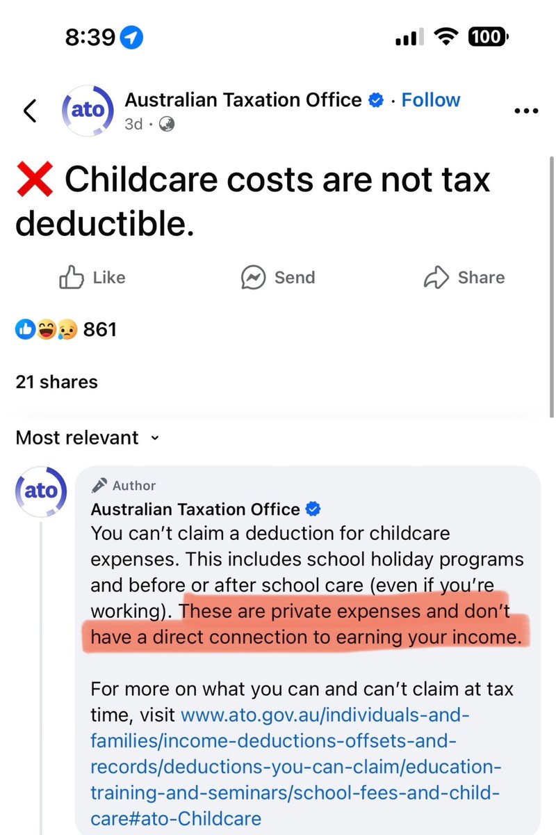 This is so gaslighting.
Childcare IS a work related expense, it’s the only reason I use childcare, so that I can go 👏 to 👏 work 👏 
We could change this, but it seems we’d prefer to keep giving tax exemptions to billionaires &amp; massive global corporations.