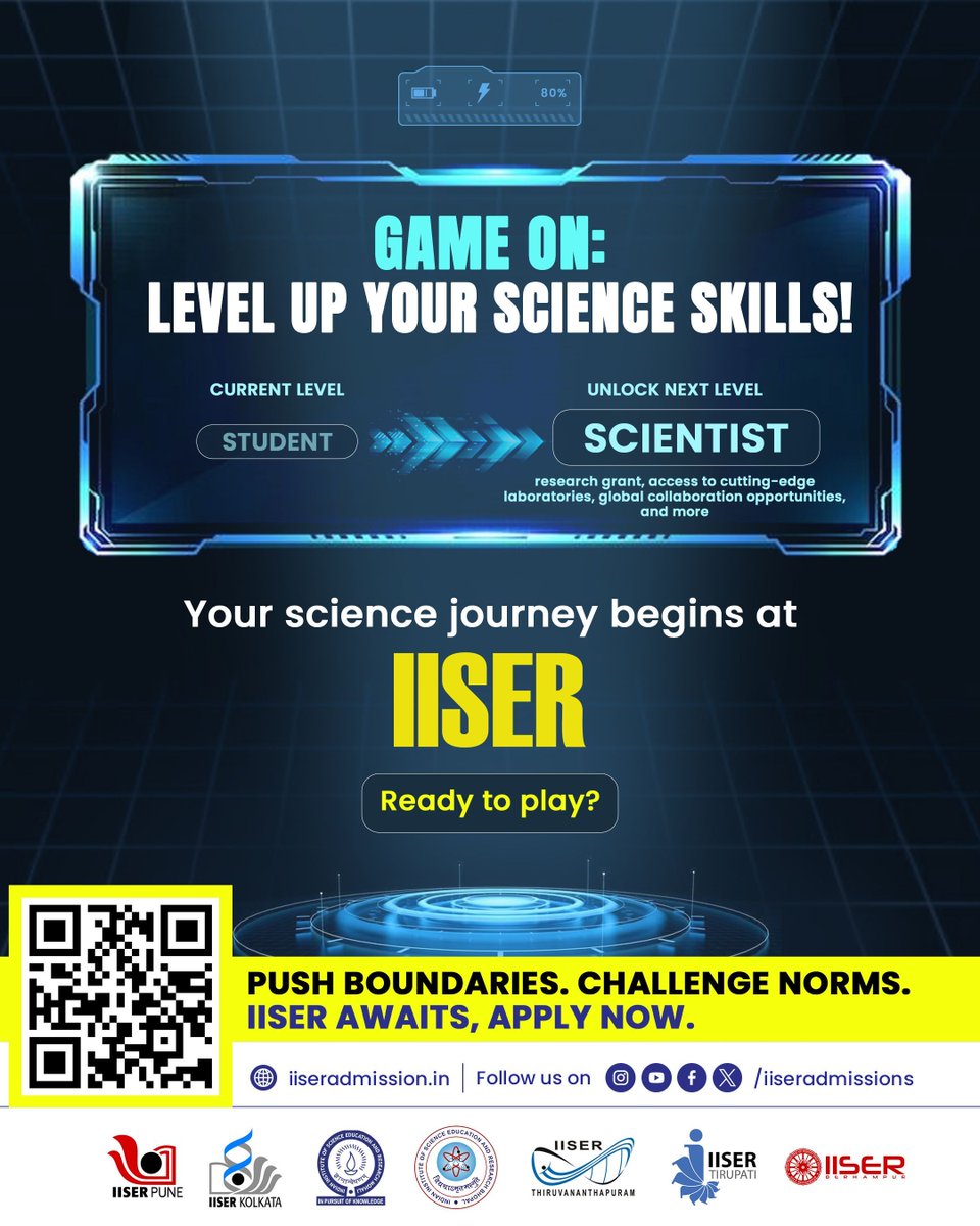 IISER_BERHAMPUR's tweet image. Press START to begin your science journey!
Go from Student ➡️ Scientist, unlock research grants, global collabs and power up at IISER.
Ready to play?
Applications open | Apply now
Know more : iiseradmission.in
#IAT2025 #IISERAdmissions2025