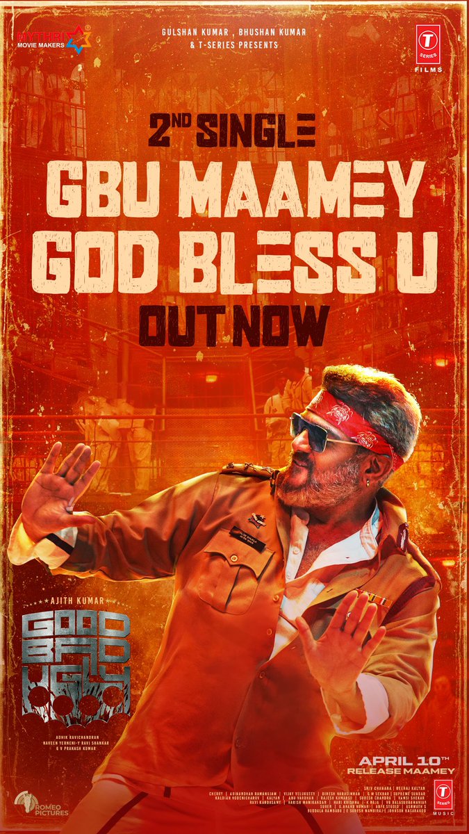Suresh Chandra (@sureshchandraa) on Twitter photo Maamey!
Vibe to the massive beats of GBU 💥💥💥
#GoodBadUgly Second Single #GodBlessU from now ❤️🔥
▶️ youtu.be/oO8qqBUncXI
<a href="/anirudhofficial/">Anirudh Ravichander</a> vocals in a <a href="/gvprakash/">G.V.Prakash Kumar</a> musical 🔥
Lyrics by #Rokesh
Rap by #PaalDabba
#GoodBadUgly Grand release on 10th April, 2025 with VERA LEVEL Maamey!
Vibe to the massive beats of GBU 💥💥💥
#GoodBadUgly Second Single #GodBlessU from now ❤️🔥
▶️ youtu.be/oO8qqBUncXI
<a href="/anirudhofficial/">Anirudh Ravichander</a> vocals in a <a href="/gvprakash/">G.V.Prakash Kumar</a> musical 🔥
Lyrics by #Rokesh
Rap by #PaalDabba
#GoodBadUgly Grand release on 10th April, 2025 with VERA LEVEL