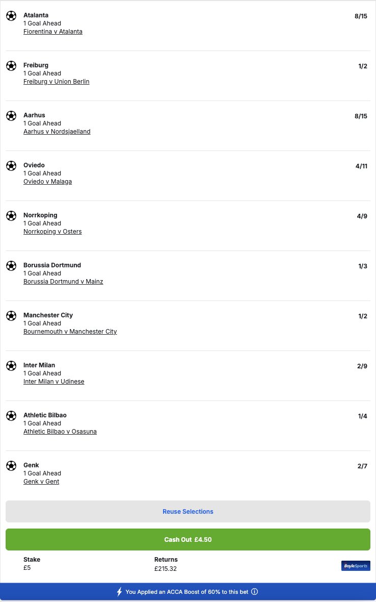 🙌 TODAY'S ONE-GOAL AHEAD ACCA!

❤️ IF this wins, we will give away £50 to someone who LIKES THIS &amp; £50 to someone who REPOSTS it!

✅ YESTERDAY'S WON @ 42/1! 

👇 BEST PRICED at BoyleSports:
footyaccums.bet/BoylesEPB10G30

🤝 Bet £10 &amp; get £30 in FREE BETS, PLUS a £10 CASINO bonus when