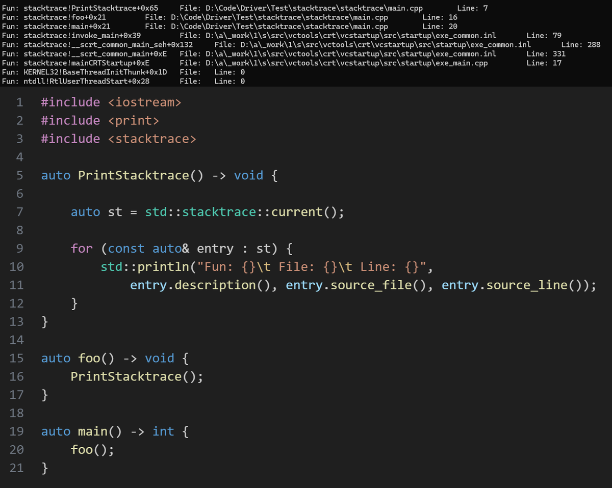 C++23's std::stacktrace makes printing call stacks more convenient, eliminating the need for platform-specific APIs and reducing redundant work across different platforms