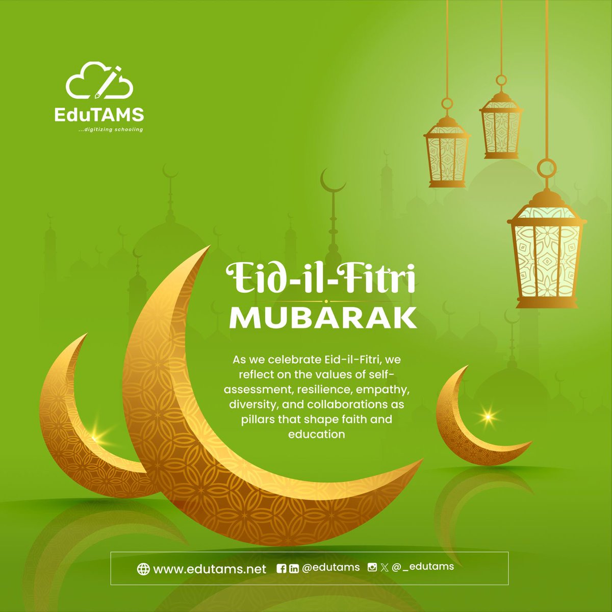As we celebrate Eid-il-Fitri, we reflect on the values of self-assessment, resilience, empathy, diversity, and collaboration as pillars that shape faith and education.

#EduTAMS #EidMubarak #SchoolandLearningManagement #FutureOfEducation #DigitizingSchooling