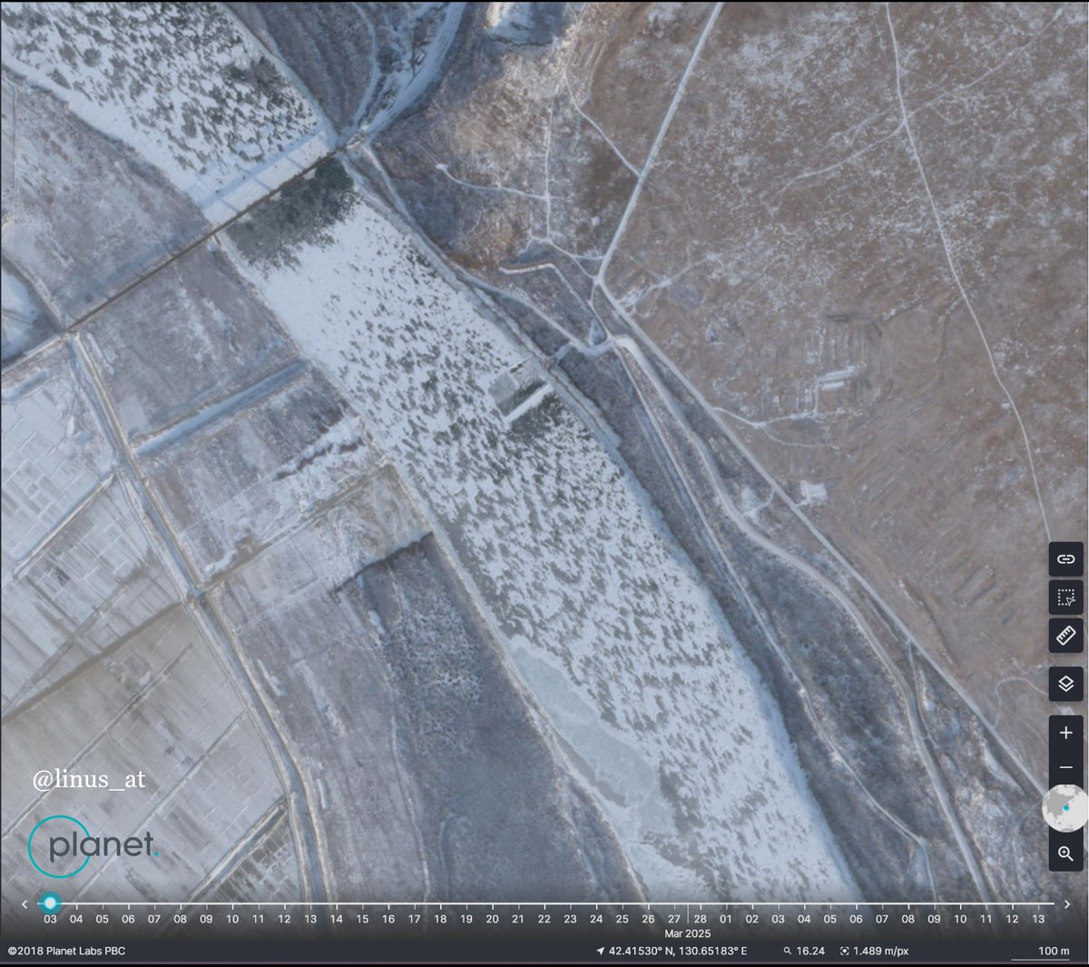 There are early indications N Korea and Russia may be building a road bridge - for real this time. This has been teased for decades.
I pulled up some recent sat images. Looks like there's some groundwork on a road &amp; possible customs area on the NK side that started after November