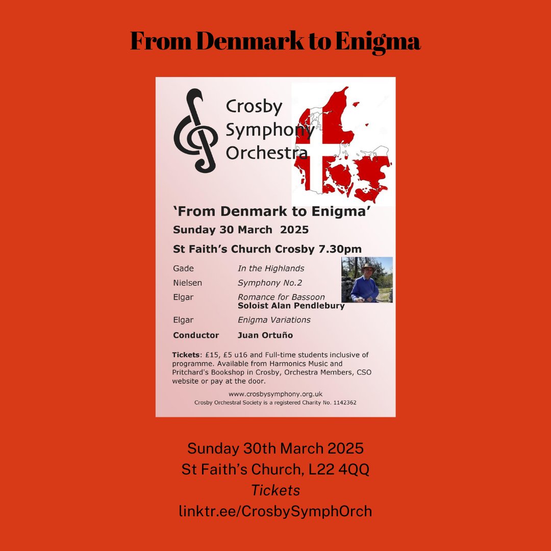 Tonight's the night! 🎵

Crosby Symphony Orchestra presents 'From Denmark to Enigma'
Featuring works by Gade, Nielsen, and Elgar

📍 St Faith's Church, Crosby Road North
🚪 Doors open 7:00 PM
🎵 Concert begins 7:30 PM

Last-minute tickets available at the door. #classicalmusic