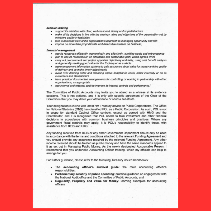 stugoo17's tweet photo. #PostOfficeScandal #StateCoverUp #Bonusgate
Why is it that as designated 'Accountable Person' for Post Office Ltd Nick Read has to date not been called to appear as a Witness in front of Public Accounts Committee?? He has many questions to answer about his various malfeasances and the Mismanagement of Public Money over the past 5 Years.
Six months ago the Chair of the Business Select Committee, the Rt Hon Liam Byrne MP, had this to say in response to the resignation of Post Office Ltd CEO Nick Read:
"Nick Read has made the right decision to stand down, for himself, the Post Office, and the subpostmasters still awaiting justice. The blunt truth is there were real questions about just how tightly he gripped the crisis, changed the toxic culture of disbelief in his frontline subpostmasters or modernised the business for survival in the 21st century. Sadly it is innocent victims who have paid the price for those failings."
The letter below has recently been released in response to an FOIA request.
The Permanent Secretary Alex Chisholm clearly states the Accountabilities and Responsibilities expected of the CEO and designated 'Accountable Person' for Post Office Ltd.
@liambyrnemp @CommonsBTC @CommonsPAC @jreynoldsMP @gareththomasMP @chiarasimon @CastletonLee @Janetsk20073533 @ElCShaikh @premnsikka @UKHouseofLords @HouseofCommons @DavidDavisMP @kevinhollinrake @RtHonKevanJones