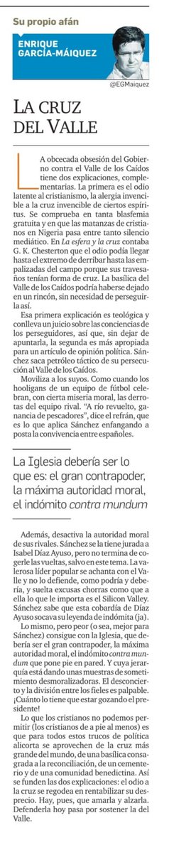 EGMaiquez's tweet photo. La Cruz del Valle.
La Iglesia debería ser lo que es: el contrapoder por excelencia, la máxima autoridad moral y un indómito contra mundum.
https://t.co/dvioIoESPk