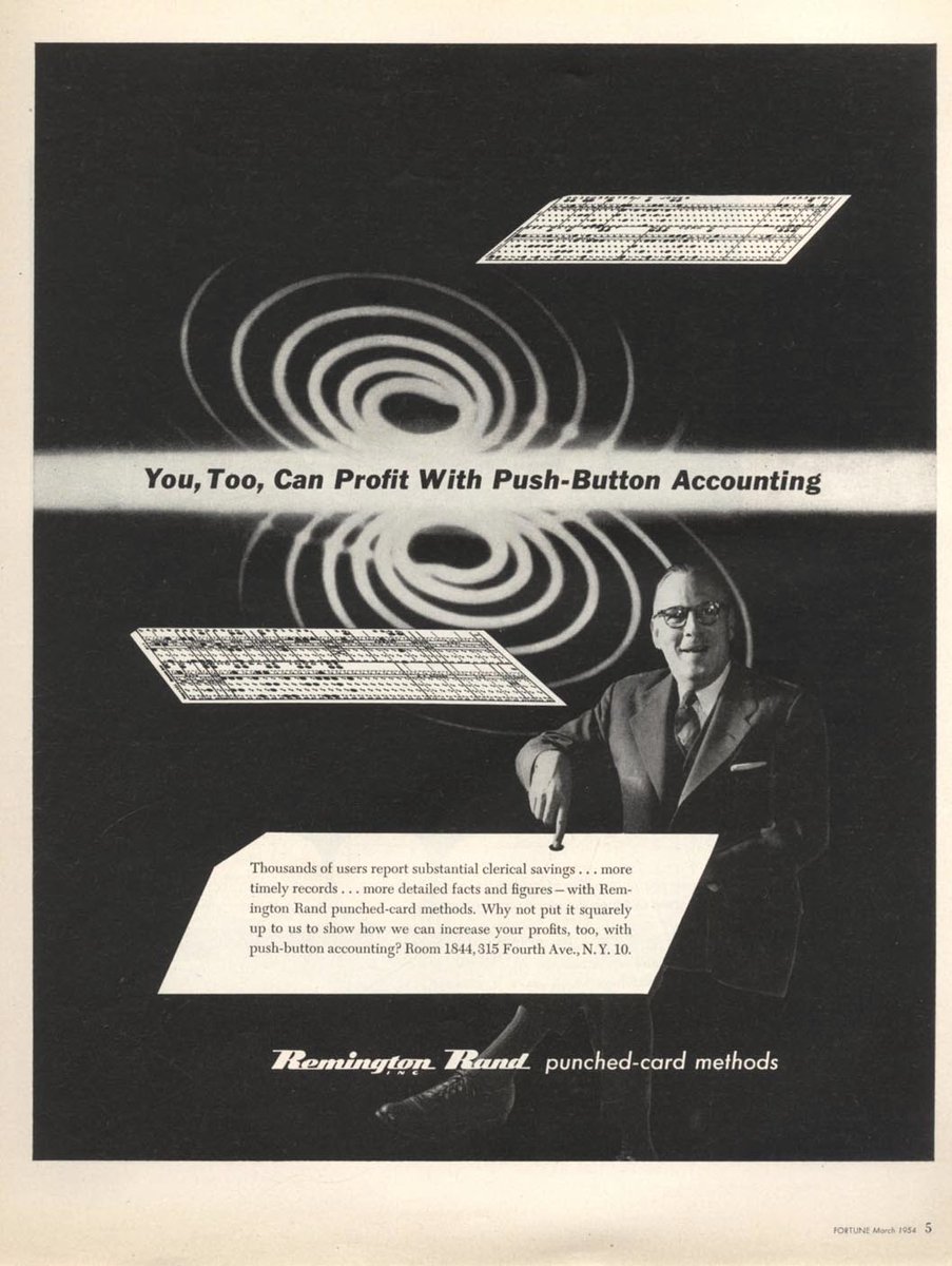 LRonLacy's tweet photo. In #MARCH 1954
‘You, Too, Can Profit With Push-Button Accounting’
‘Remington Rand - punched-card methods’
March 1954
#accounting #accountant #RemingtonRand #punchcards #accountingmachine #dataprocessing #graphicdesigng #1950s https://t.co/yBpOiYEzoI