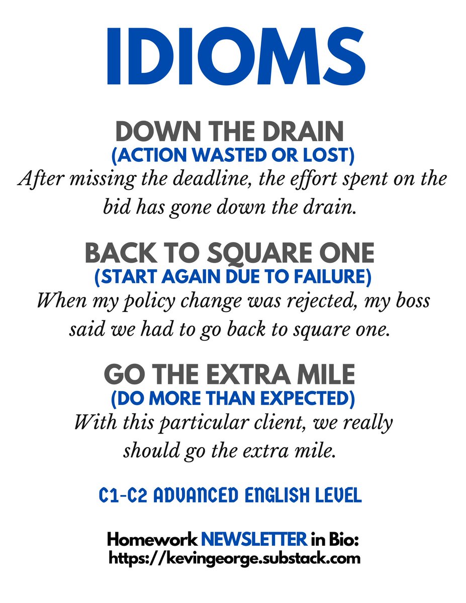 KevinGeorgeEng's tweet photo. Slide 10
English idioms with business example sentences.
More phrases in thread🖊️
From Business English Bits Homework Newsletter📧
See link in bio or comments ⬇️
#twinglish #ESL #teachers #idioms #vocabulary #Englishgrammar #LanguageLearning #LearnEnglish https://t.co/c3DvrRlhMI