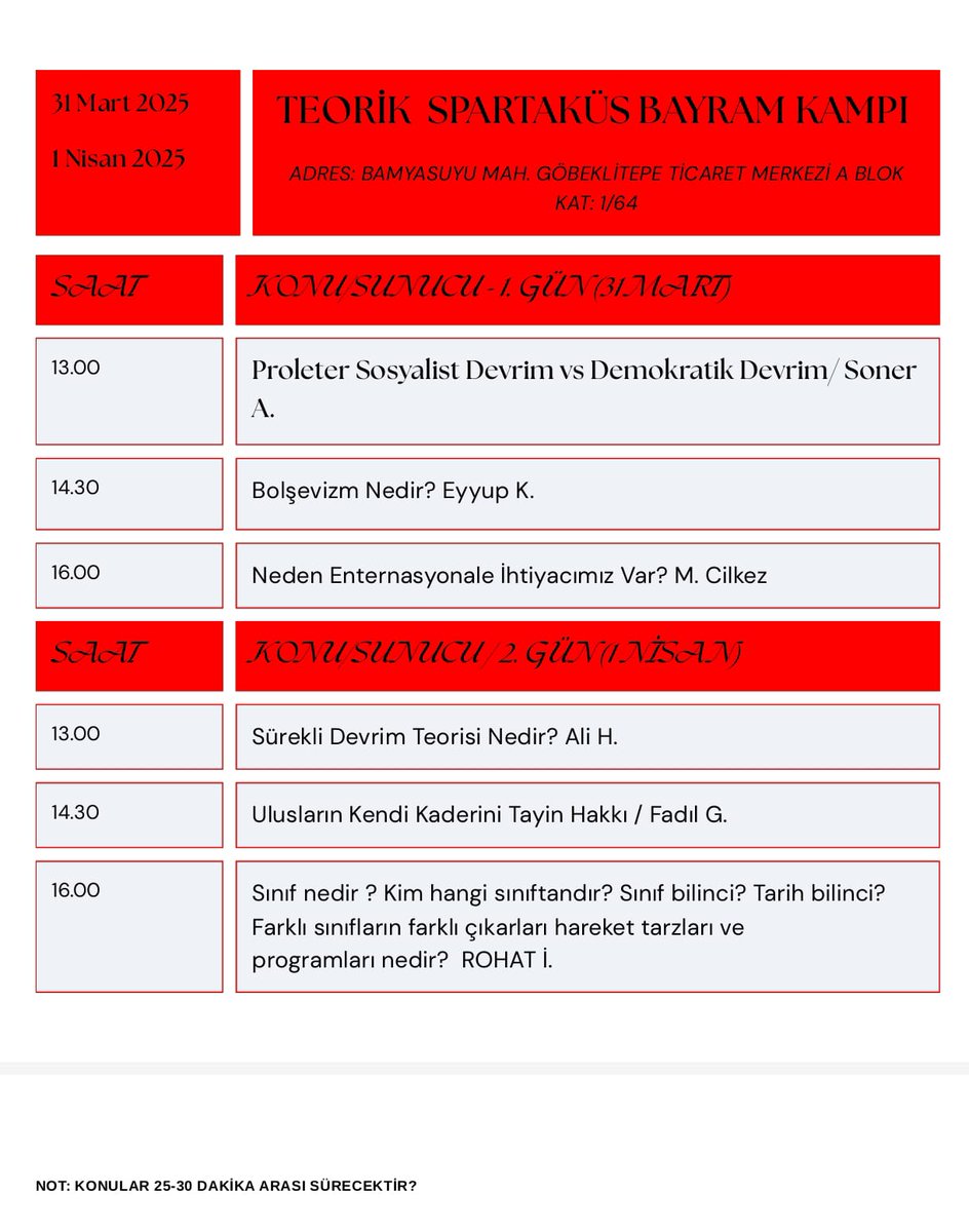 📌 Spartaküs Urfa'da Teori Kampı

31 Mart - 1 Nisan tarihlerinde, bayramda Urfa’da olan tüm dostlarımızı Spartaküs Urfa Teori Kampı’na bekliyoruz!
İki gün boyunca birbirinden farklı teorik başlıklarda söyleşiler ve tartışmalar gerçekleştireceğiz.