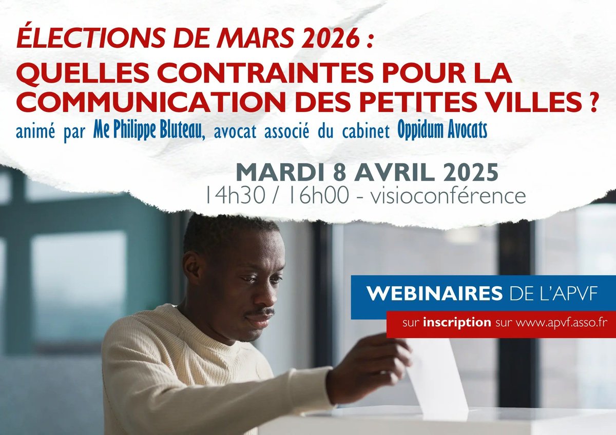 Webinaire "Élections de mars 2026 : quelles contraintes pour la #communication des petites villes ?" par <a href="/PetitesVilles/">APVF</a>, mardi 8/4 à 14h30 : lyyti.fi/reg/Elections2… #Municipales2026 #Com #ComPol #ComPublique