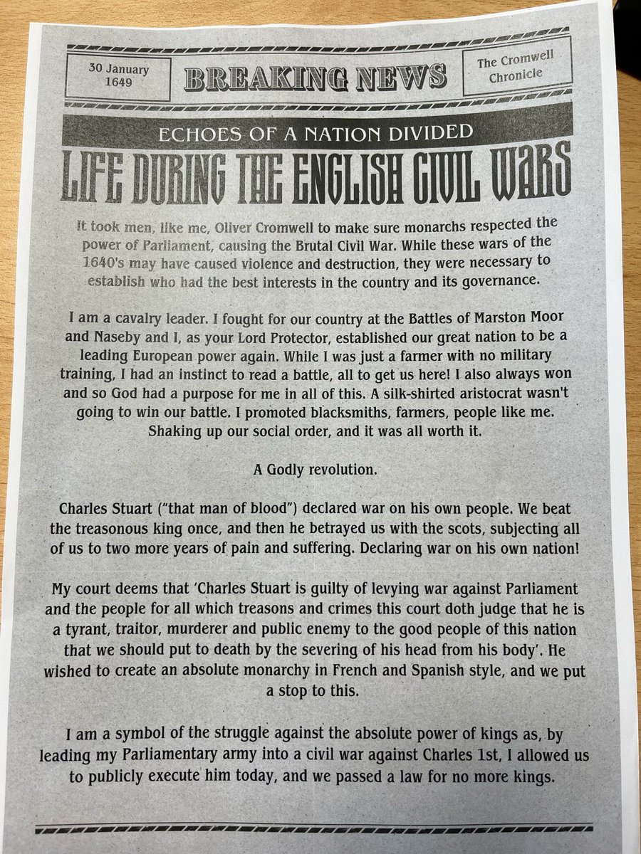 MedenHumanities's tweet photo. Y12 Homework on the English Civil War and Cromwell. Outstanding Attitude to Learning! https://t.co/QHGlsYrn2T