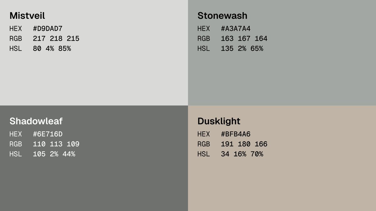 coloraiapp's tweet photo. "Quietude Essence"

Neutral tones mirror natural stones, foliage, and twilight, evoking tranquility, stability, and subtle elegance innate to human perception. https://t.co/TlMhl0iLGI