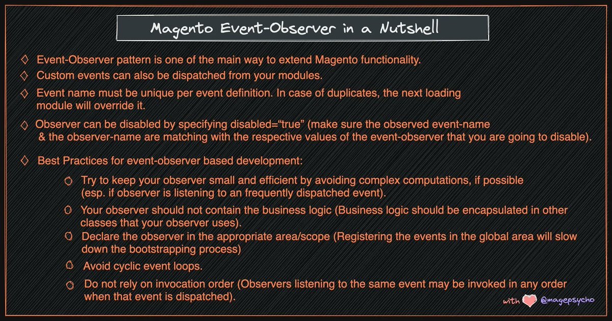 #DailyTips #Magento #Adobe #Certification

✴️ Magento Event-Observer CheatSheet (Part II)✴️

RTs are appreciated 🙏

*Let me know in the comment if any important points are missed*