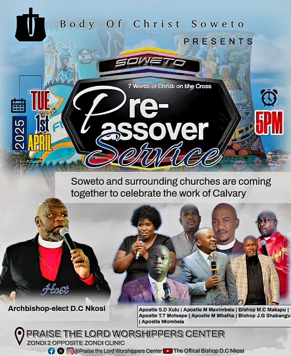 Join us for this special service this coming Tuesday. The Archbishop Elect DC Nkosi would love to see you there. 

SEE YOU ON TUESDAY !!! 

#PrePassoverService 
#PLWC24 #Zondi2 #DivineAcceleration
#ArchbishopElectDCNkosi