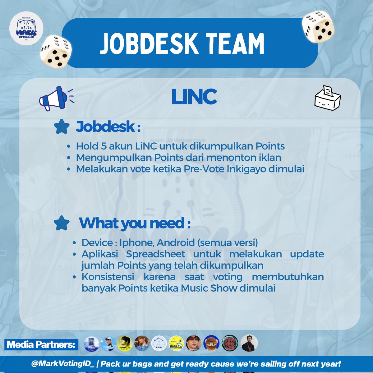 📣 OPEN RECRUITMENT URGENTLY

Halo, Markfs!
Saat ini MVI membuka recruitment anggota tim vote LiNC. Sehubungan dengan adanya perubahan aplikasi untuk pre-vote Inkigayo dari [Diggus] ke [LiNC].
 
Kami membutuhkan bantuan lebih banyak Makfs untuk mencapai target. Hal ini menimbang