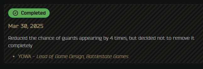 trentbraidner's tweet photo. Updates on https://t.co/09Wbh6Rofi

1. Guard respawns for the Event
"Reduced the chance of guards appearing by 4x, but decided not to remove it completely"

2. AI scavs 100% aggressive to AI PMCs
"Done"

3. Labyrinth - permanent addition
"We will think about how to do it better"