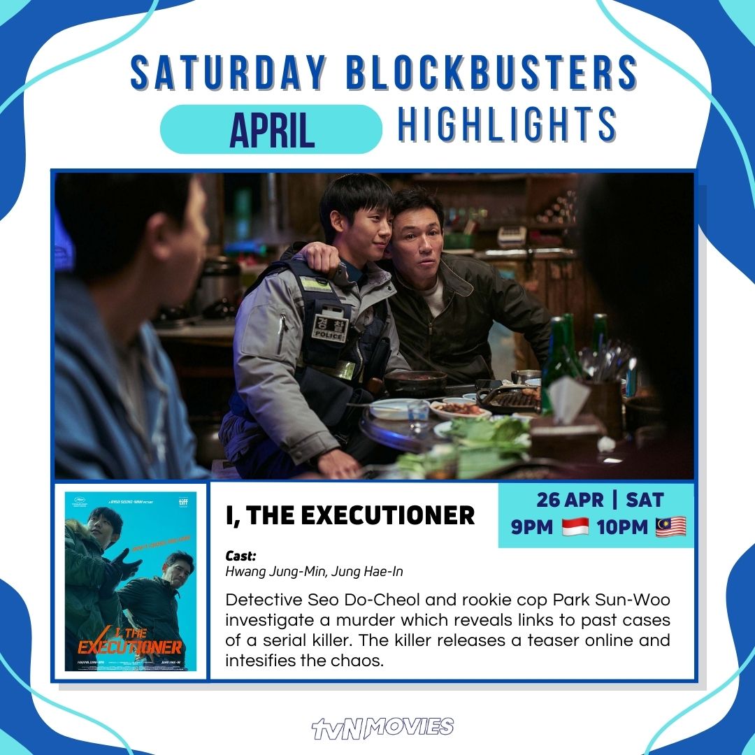 tvN_Movies's tweet photo. #SaturdayBlockBusters April Highlights
9PM 🇮🇩 10PM 🇲🇾
5 Apr #BeautifulAudrey
#KimJungNan #ParkJiHoon
12 Apr #ThePriests
#GangDongWon #ParkSoDam
19 Apr #AReasonToLive
#SongHyeKyo
26 Apr #ITheExecutioner
#HwangJungMin #JungHaeIn
#세상참예쁜오드리 #검은사제들 #오늘 #베테랑2 https://t.co/eI2VNaas7u