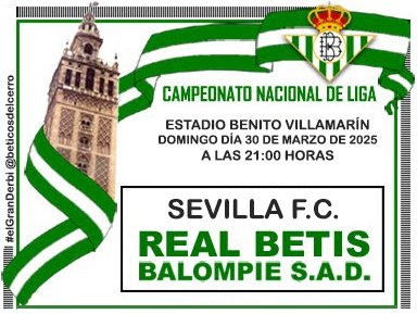 ¡Día de 𝘽𝙀𝙏𝙄𝙎!
#ElGranDerbi #RealBetis #Betis #BeticosdelCerro
🟢 Real Betis - Sevilla F.C. 🔴
🏟 Benito Villamarín
🏆 LaLiga EA Sports
🕘 21:00
📺 DAZN