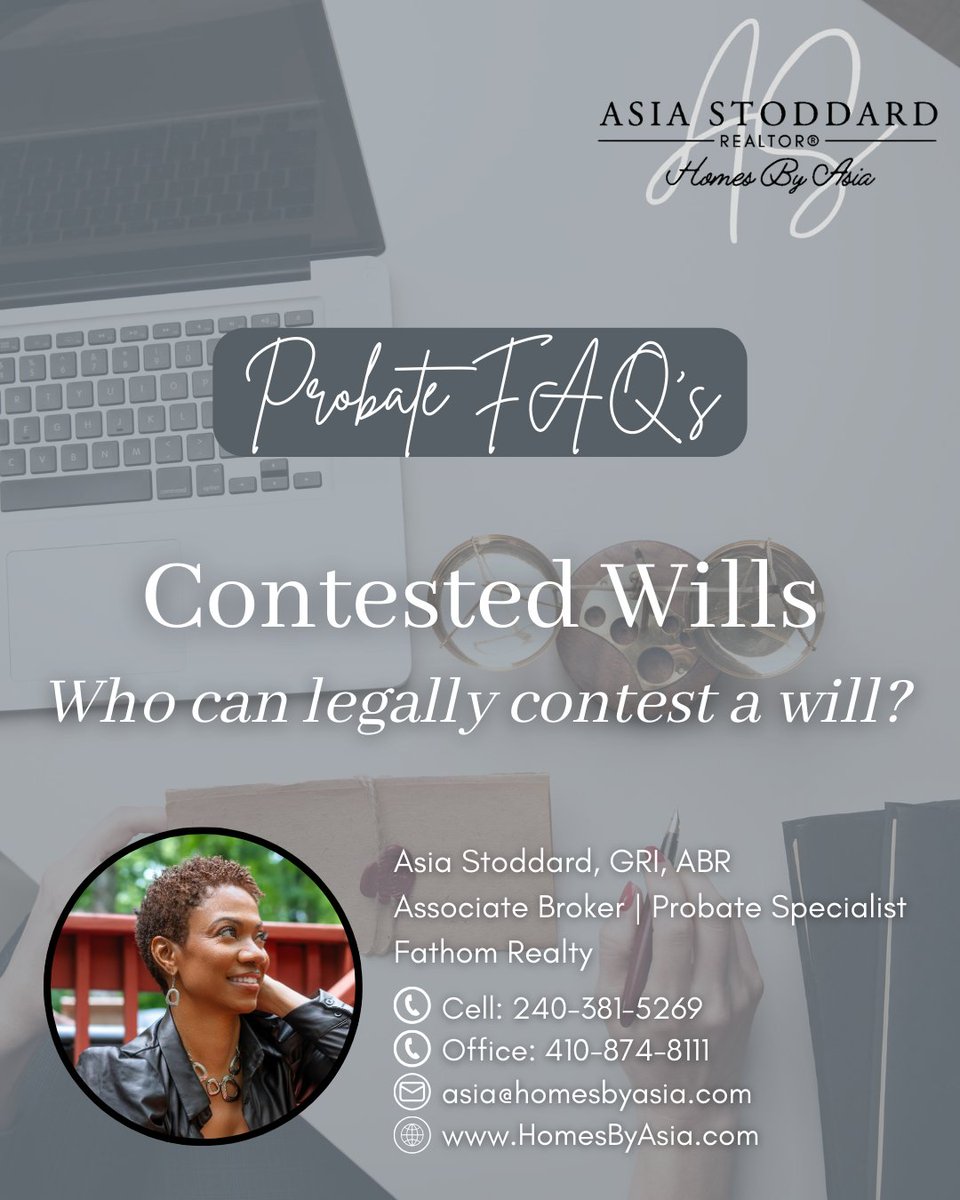 asiastoddard's tweet image. Who Can Contest a Will?
✔ Beneficiaries of a will
✔ Intestate heirs (spouse, children, parents, siblings)

Need probate help? Visit New2Probate.com!

Asia Stoddard, GRI, ABR®
240-381-5269 | HomesByAsia.com#ProbateHelp 

#WillContest #KnowYourRights4o