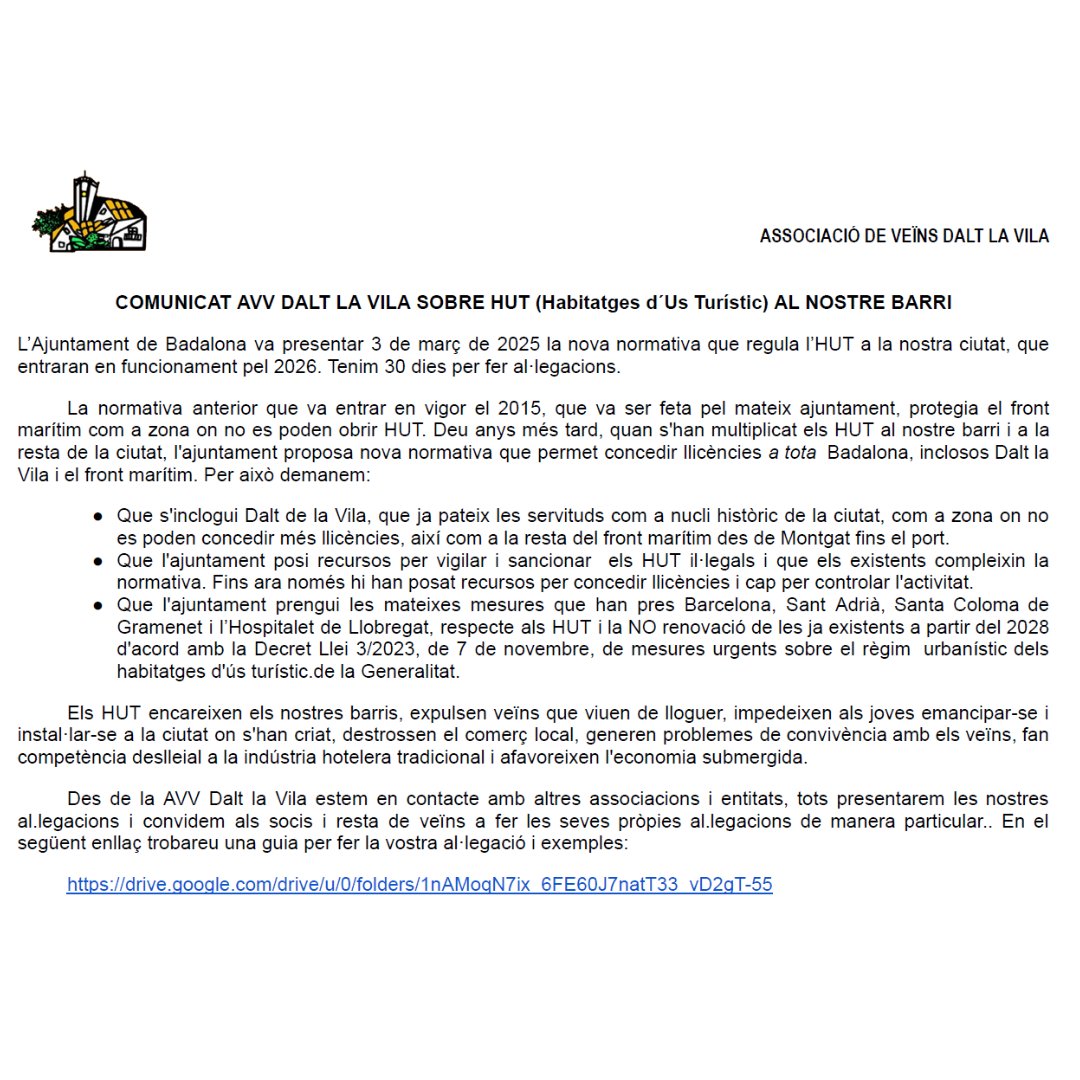 📣 AVV Dalt la Vila
❌ L’<a href="/AjBadalona/">Ajuntament de Badalona</a> vol permetre HUTs a tot Badalona, inclòs Dalt la Vila. Tenim 30 dies per al·legar!
📎 Guia i exemples:
tuit.cat/pNWJl
✊ Actuem ara!