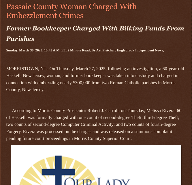 ArtFletcher9's tweet photo. Passaic County Woman Charged With Embezzlement Crimes https://t.co/VIS8HZNxbG via @Englebrooknews #NewJersey #morriscountynj #longvalleynj #Pomptonplainsnj #passaiccountynj #haskellnj #church #bookkeeper #arrested #charged #theft #churches @wireless_step @HRG_Media @LodiNJNews @SugarMAGA @fordmb1 @SarahGeving1 @Shannon96574094 @Daytobehappy @janninereid1 @gator4kb18 @MichelleF_35 @TrumpWasRite @KathyKbrose @RobGerundo @JimBobW49
