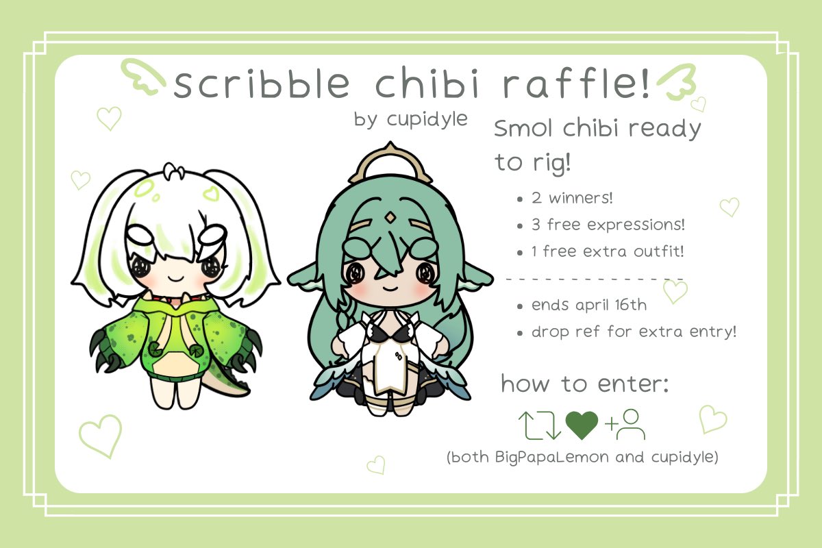 VTUBER MODEL GIVEAWAY! 

Hey! <a href="/cupidyle/">cupid 💛🐊umineets</a> and I are teaming up and giving away TWO SCRIBBLE CHIBI MODEL!! ready to rig! Let us help you begin your Vtuber journey! RULES - 

- Follow both Cupi and I 
- Like + Retweet 
- Reply with a ref for an extra entry! 

ENDS 16th of APRIL!