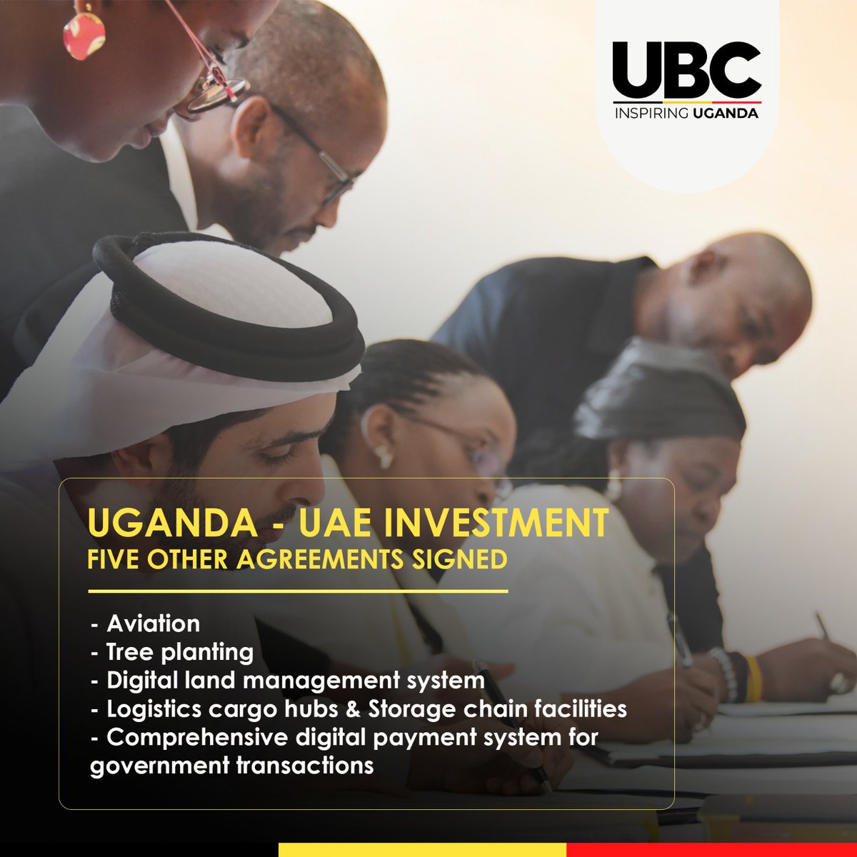 𝐔𝐠𝐚𝐧𝐝𝐚 𝐚𝐧𝐝 𝐔𝐀𝐄 𝐒𝐭𝐫𝐞𝐧𝐠𝐭𝐡𝐞𝐧 𝐓𝐢𝐞𝐬 𝐰𝐢𝐭𝐡 𝐊𝐞𝐲 𝐈𝐧𝐯𝐞𝐬𝐭𝐦𝐞𝐧𝐭 𝐀𝐠𝐫𝐞𝐞𝐦𝐞𝐧𝐭𝐬

Uganda and the United Arab Emirates (UAE) have signed five strategic agreements to enhance investment and cooperation in various sectors, including aviation,