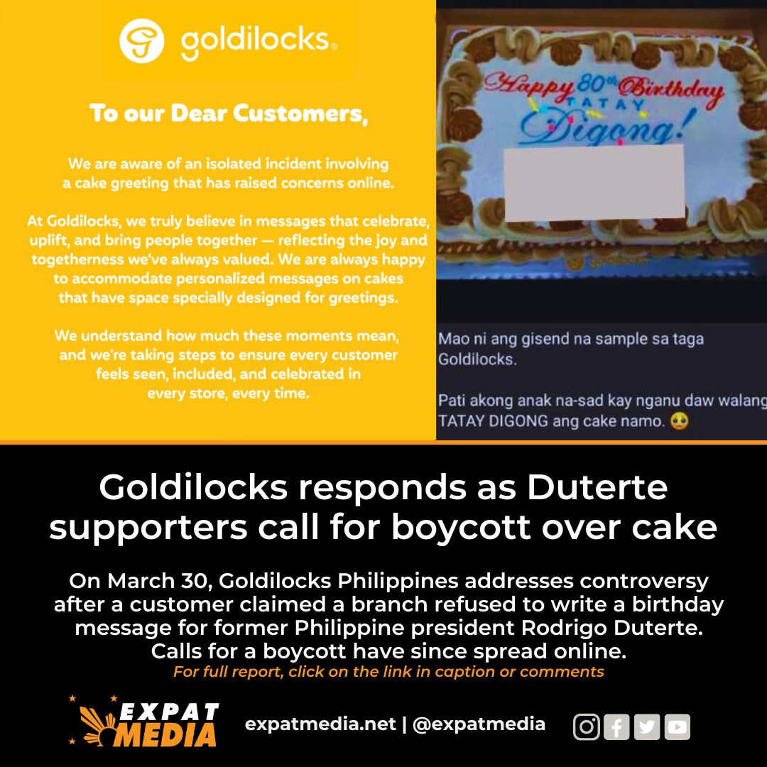ExpatMediaUAE's tweet photo. Controversy brews over a Duterte birthday cake! A Goldilocks branch allegedly refused to write "Happy Birthday Tatay Digong" on a customer’s order
Read the full story: https://t.co/Q8XvW12neT
#Goldilocks #Duterte #Dutertewatch #CakeControversy #PHNews https://t.co/sMcKu19do2