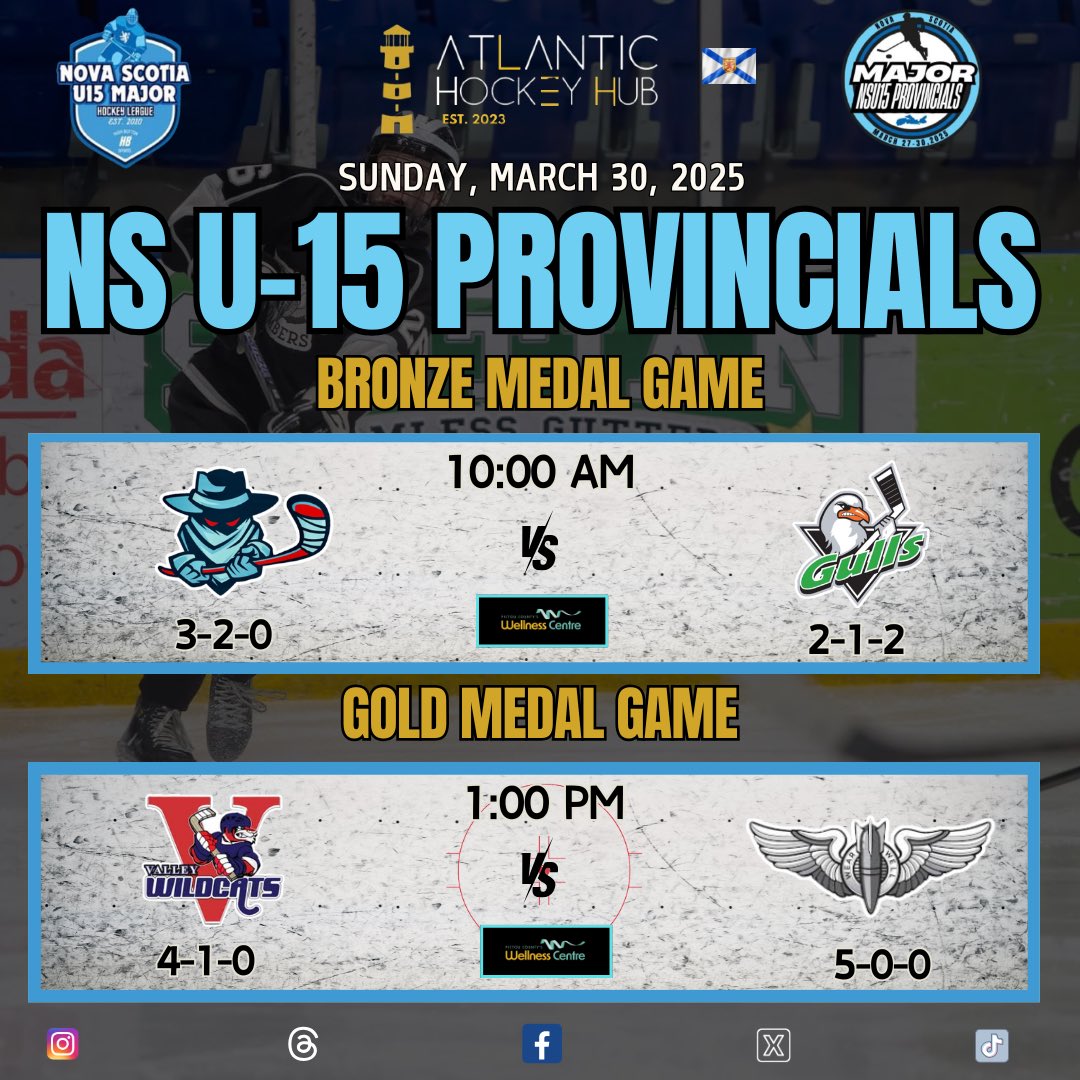 Medals on the Line as Top Teams Clash in Nova Scotia U-15 Major Championship Sunday

Medals on the line today at the NS U-15 Major Provincials as Bandits play the Gulls for bronze at 10:00 am while the Valley Wildcats face the unbeaten Bombers for gold at 1:00 pm. 

#NSU15Major
