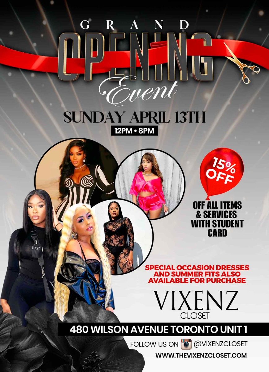 VIXENZ CLOSET GRAND OPENING 
APRIL 13.2025
480 Wilson Ave 
TORONTO 🇨🇦
@vixenzcloset
Thevixenzcloset.com