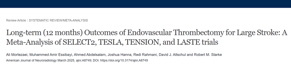 Ali Mortezaei (@alimortezaei97) on Twitter photo Proud to share our recent paper <a href="/TheAJNR/">AJNR</a>!
12-month results support EVT's long-term functional benefits in large strokes without hemorrhagic concerns. Grateful to our team <a href="/Starkeneurosurg/">Starke_neurosurgery</a> <a href="/DavidAltschulMD/">David Altschul</a> <a href="/RahmaniRedi/">Redi Rahmani</a> <a href="/MAEssibayi/">Muhammed Amir Essibayi, MD MS</a> <a href="/AbdelsalamMd/">Ahmed Abdelsalam, MD, MSc.</a>.
Link:ajnr.org/content/early/… Proud to share our recent paper <a href="/TheAJNR/">AJNR</a>!
12-month results support EVT's long-term functional benefits in large strokes without hemorrhagic concerns. Grateful to our team <a href="/Starkeneurosurg/">Starke_neurosurgery</a> <a href="/DavidAltschulMD/">David Altschul</a> <a href="/RahmaniRedi/">Redi Rahmani</a> <a href="/MAEssibayi/">Muhammed Amir Essibayi, MD MS</a> <a href="/AbdelsalamMd/">Ahmed Abdelsalam, MD, MSc.</a>.
Link:ajnr.org/content/early/…