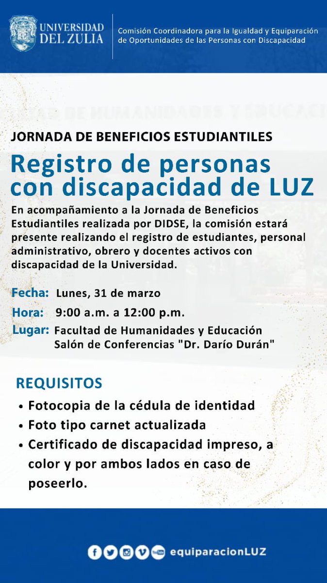 equiparacionLUZ's tweet photo. 📅 Fecha: Lunes, 31 de marzo
⏰ Hora: 9:00 a.m. a 12:00 p.m.
📍 Lugar: Facultad de Humanidades y Educación, Salón de Conferencias "Dr. Darío Durán"

¡Te esperamos! 💙

@didseluzoficial @soluzluz @luzadn

#LUZ #Somosluz #UniversidaddelZulia #Inclusión #OportunidadesParaTodos https://t.co/E9kDkbUXQY