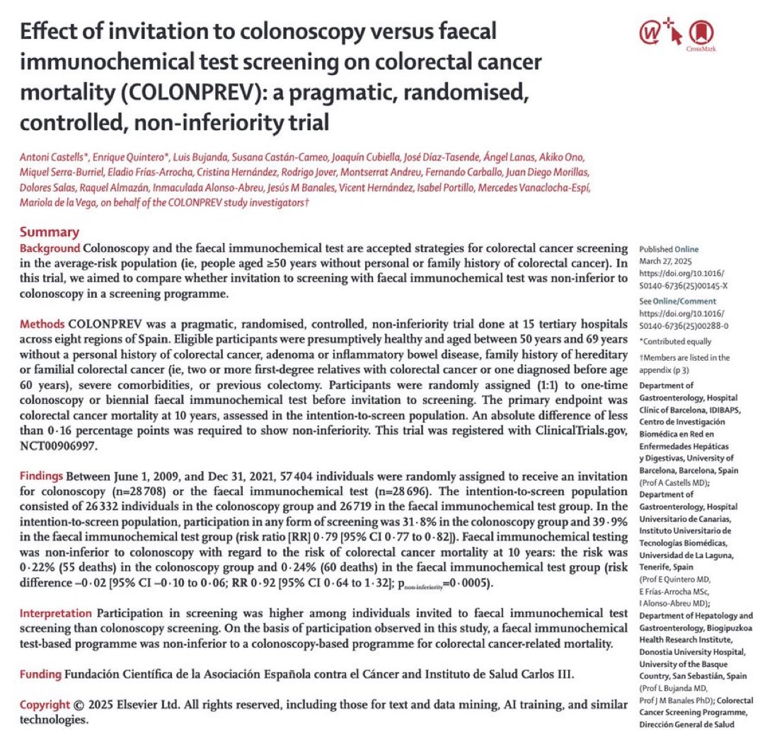 COLONPREV study just published showing non-inferiority of FIT vs colonoscopy invitation, reinforcing the NordICC Study Group findings in NEJM 2022. 

sciencedirect.com/science/articl…