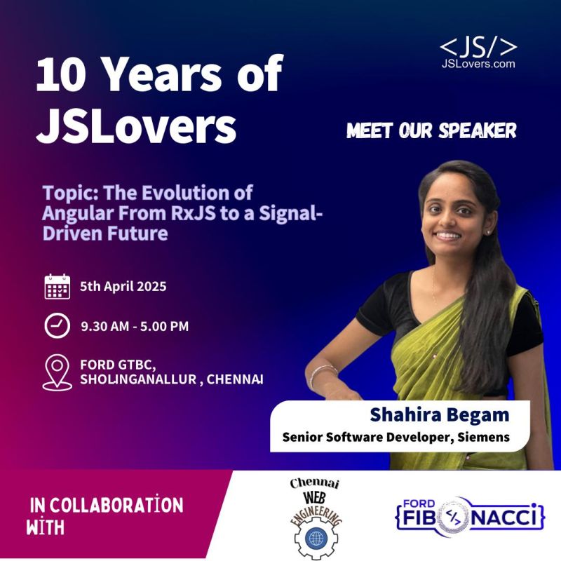 🎙️ 𝗦𝗽𝗲𝗮𝗸𝗲𝗿 𝗔𝗻𝗻𝗼𝘂𝗻𝗰𝗲𝗺𝗲𝗻𝘁 𝗔𝗹𝗲𝗿𝘁! 🎙️

🚨 This is your chance to learn from the best—don’t miss out! 🚨
We’re thrilled to introduce our next Speaker for the 10th Anniversary of JSLovers grand event in Chennai! 🥳

🌟 Shahira Begam, Senior Software Developer at