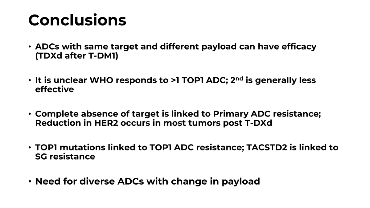 Dr Sarah Sammons (@drsarahsam) on Twitter photo A few highlights from my ADC resistance talk at <a href="/LACOG_group/">LACOG - Latin American Cooperative Oncology Group</a> <a href="/GBECAMConnect/">GBECAM</a>
1) T-DXd works after T-DM1, diff payload, stronger ADC
2) 2nd TOP1 ADC performs inferiorly
3) Muts in TROP2 and TOP1--> resistance
4) ⬇️target occurs post T-DXd
5) New ADCs with diverse payloads needed A few highlights from my ADC resistance talk at <a href="/LACOG_group/">LACOG - Latin American Cooperative Oncology Group</a> <a href="/GBECAMConnect/">GBECAM</a>
1) T-DXd works after T-DM1, diff payload, stronger ADC
2) 2nd TOP1 ADC performs inferiorly
3) Muts in TROP2 and TOP1--> resistance
4) ⬇️target occurs post T-DXd
5) New ADCs with diverse payloads needed