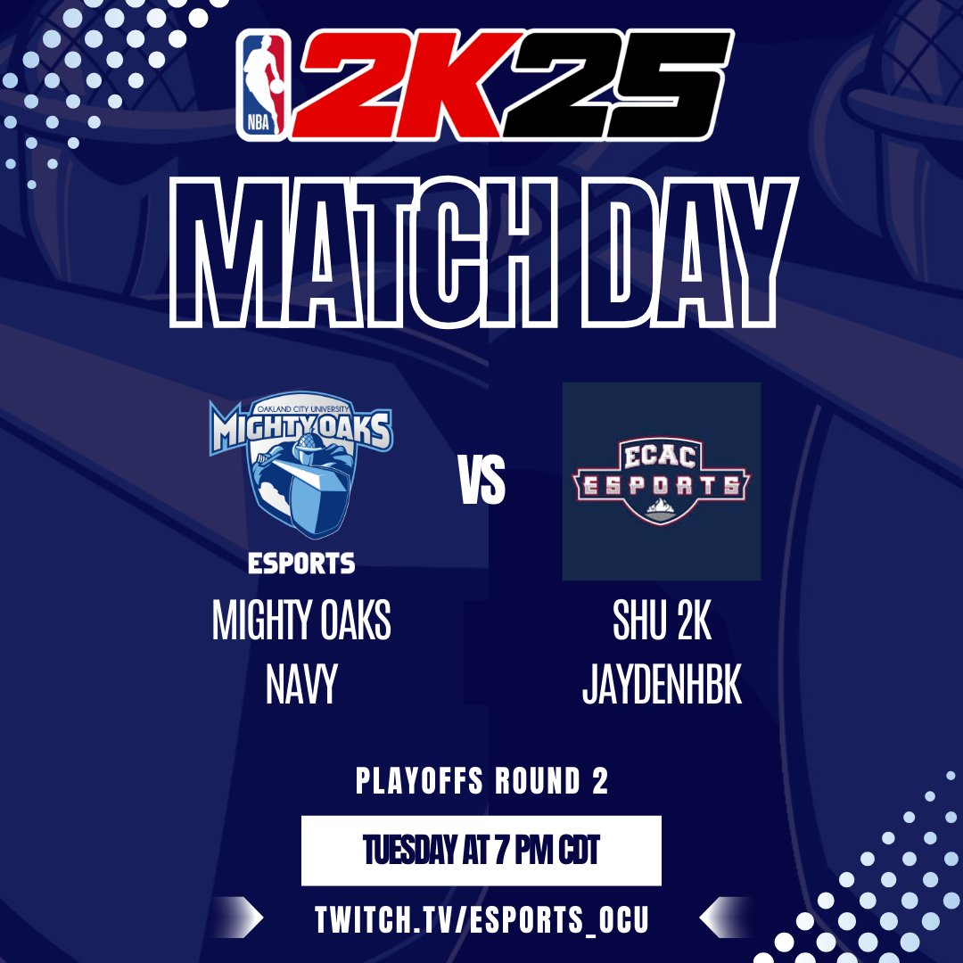 🚨 PLAYOFF TIME 🚨

OCU’s @casherblum battles Siena Heights University's Jaydenhbk in the ECAC Esports 2K25 Spring Playoffs! 🏆🔥

📅 Tuesday | ⏰ 7PM CDT
🎥 Watch live: twitch.tv/esports_ocu
#ECACesports #NBA2K25 #GoMightyOaks