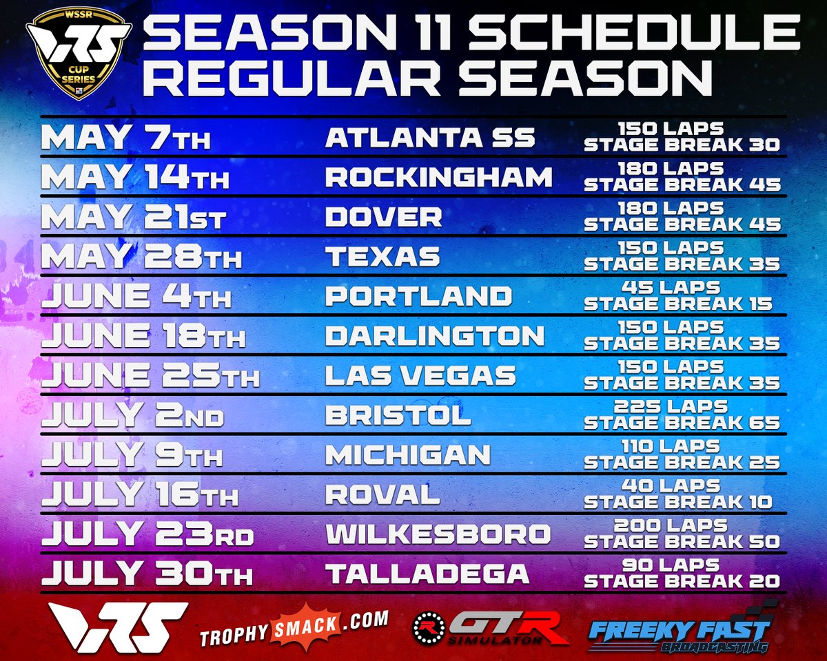 As Season 10 comes to a close, we set our sights on the future with the Season 11 schedule! Below are the 12 Regular Season races. Want to join the action? 

Keep an eye on our social media—League registration opens Monday at noon EST.