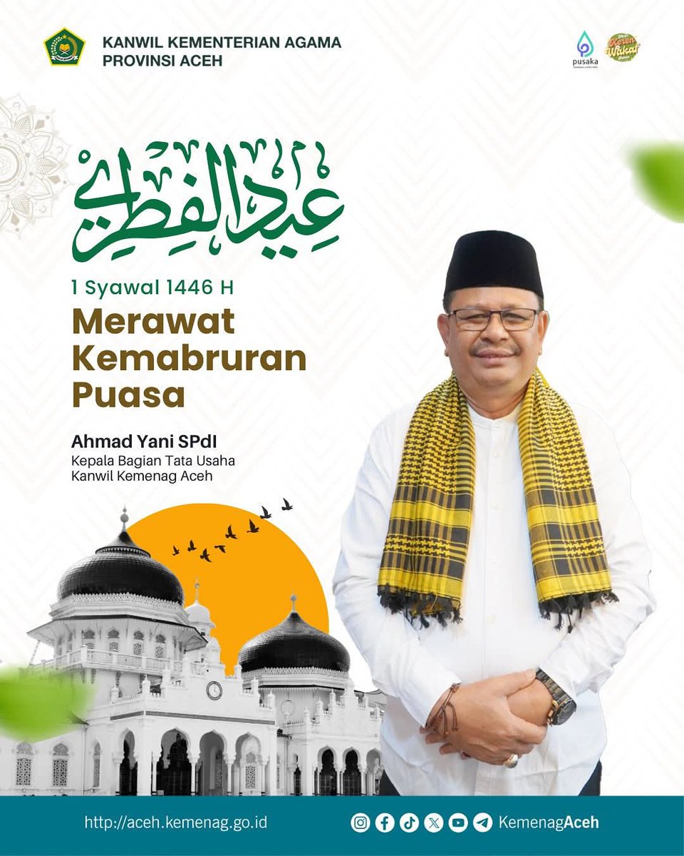 Keluarga besar Kantor Wilayah Kementerian Agama Provinsi Aceh mengucapkan Selamat Hari Raya Idulfitri 1446 H/2025 M. 
Mohon maaf lahir dan batin.