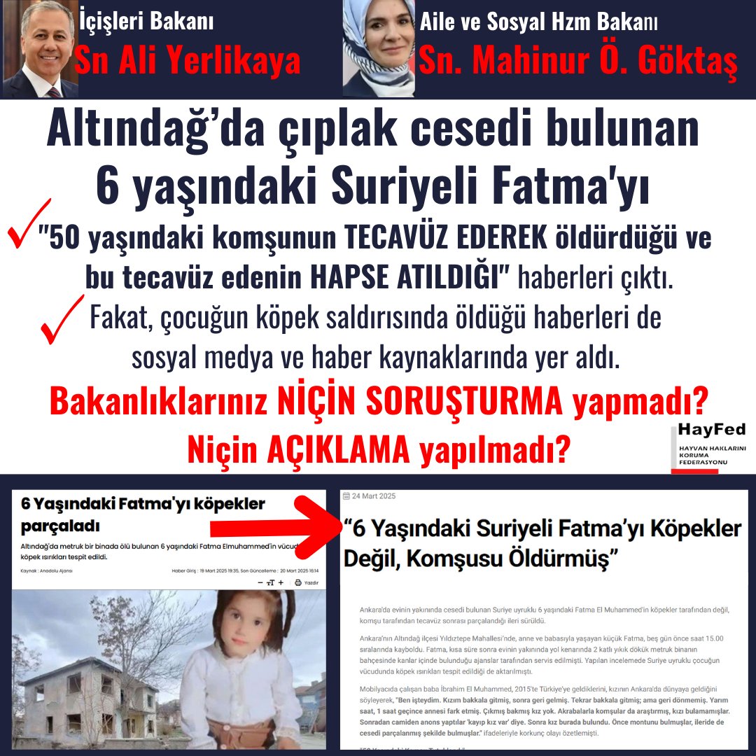 İçişleri Bakanı Sn <a href="/AliYerlikaya/">Ali Yerlikaya</a>, Aile ve Sosyal Hizmetler Bakanı Sn. <a href="/MahinurOzdemir/">Mahinur Özdemir Göktaş</a>, Altındağ’da çıplak cesedi bulunan 6 yaşındaki Suriyeli Fatma'yı, "50 yaşındaki komşunun TECAVÜZ EDEREK öldürdüğü ve bu tecavüz edenin HAPSE ATILDIĞI" haberleri çıktı.
Fakat, çocuğun köpek