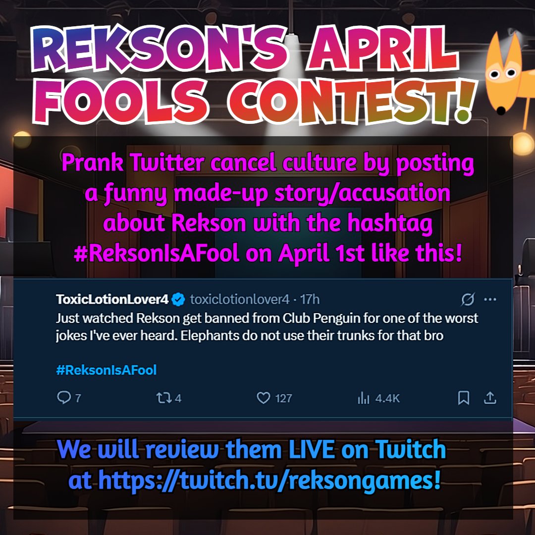 Rekson (@reksongames) on Twitter photo Ever wanted to be a part of *the drama* and cancel someone?! We're pranking cancel culture on April Fools at my expense! Post on 4/1 with a made up funny/cursed 'twitlonger' accusation towards me (Rekson!) w/ the hashtag #ReksonIsAFool, and we'll review them LIVE! Example below! Ever wanted to be a part of *the drama* and cancel someone?! We're pranking cancel culture on April Fools at my expense! Post on 4/1 with a made up funny/cursed 'twitlonger' accusation towards me (Rekson!) w/ the hashtag #ReksonIsAFool, and we'll review them LIVE! Example below!