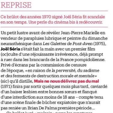 SolarisDistrib's tweet image. Un bel article dans Télérama pour notre sortie de la semaine : "Mais ne nous délivrez pas du mal" de Joel Séria ! 🙂