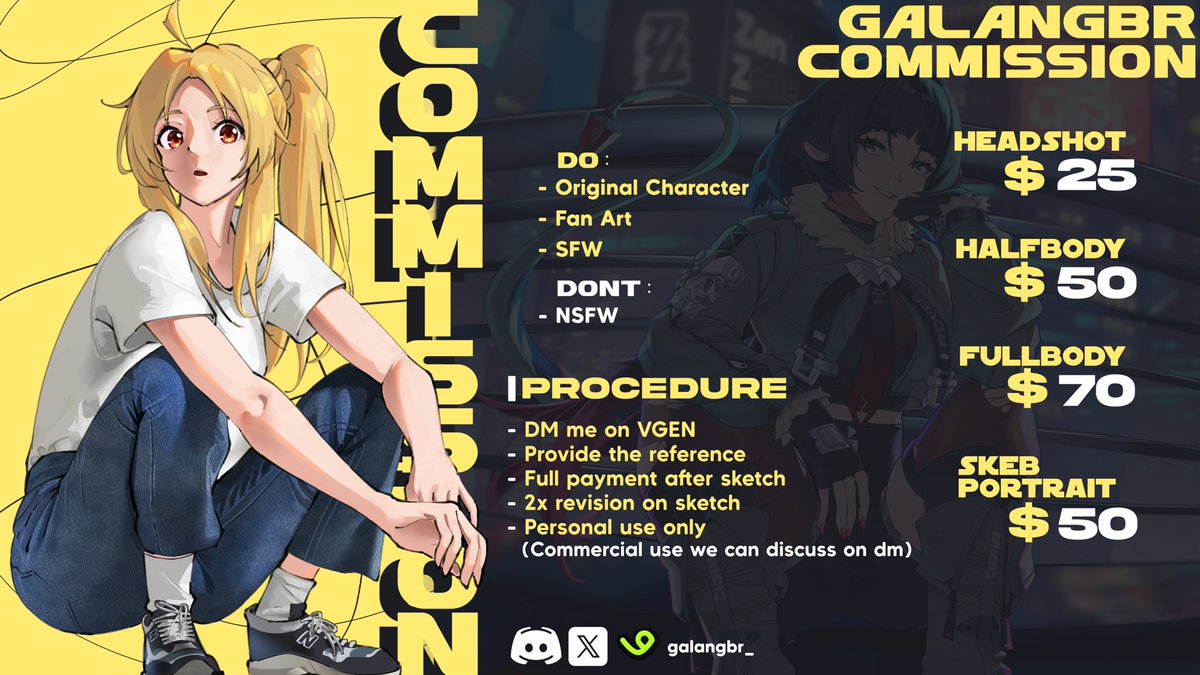 Repost are really appreciated✨

Hello, im opening my comms again
For detail ToS and my portfolio you can check here :

vgen.co/galangbr_

If you interested, feel free to DM me at Twitter or Discord! ^^

#Commission #commissionopens #commissionart #VGenComm #VGen