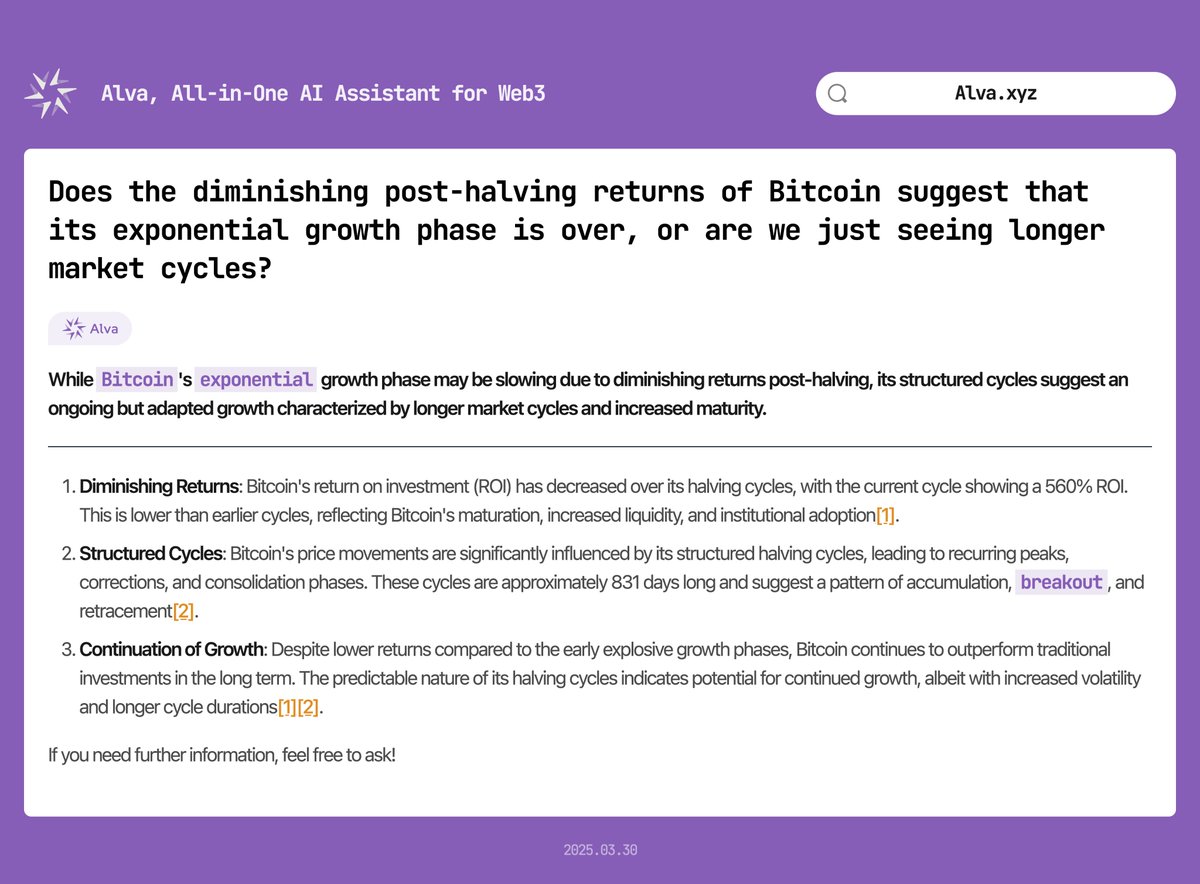 <a href="/cryptotea/"></a> Does the diminishing post-halving returns of #Bitcoin suggest that its exponential growth phase is over, or are we just seeing longer market cycles? <a href="/AlvaApp/">Alva</a>
